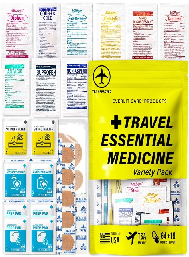 EVERLIT CARE Travel Essential Medicine First Aid Kit Refill Pack I Bonus Medical Supplies I TSA Compliant Mini Size Medkit for Traveling Camping Trips Individually Packed 64 Tablets - Image 1